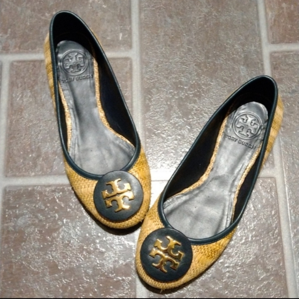 Tory Burch Straw Reva Logo leather Ballet Ballerina flats size 36